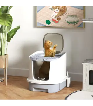 Arenero Cerrado para Gatos con Entrada Frontal Salida Superior Bandeja Extraíble y Pala 40,5x52,5x42,5 cm Blanco y Gris