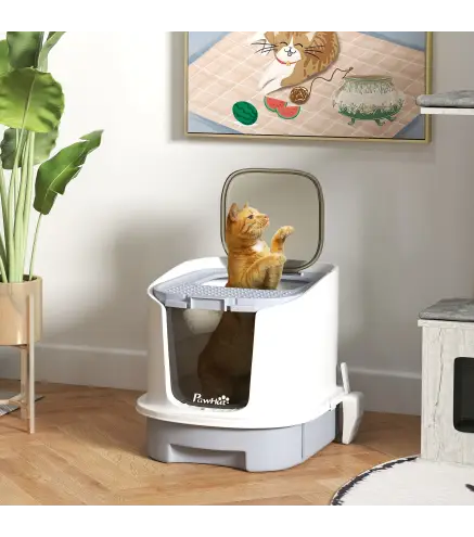 Arenero Cerrado para Gatos con Entrada Frontal Salida Superior Bandeja Extraíble y Pala 40,5x52,5x42,5 cm Blanco y Gris