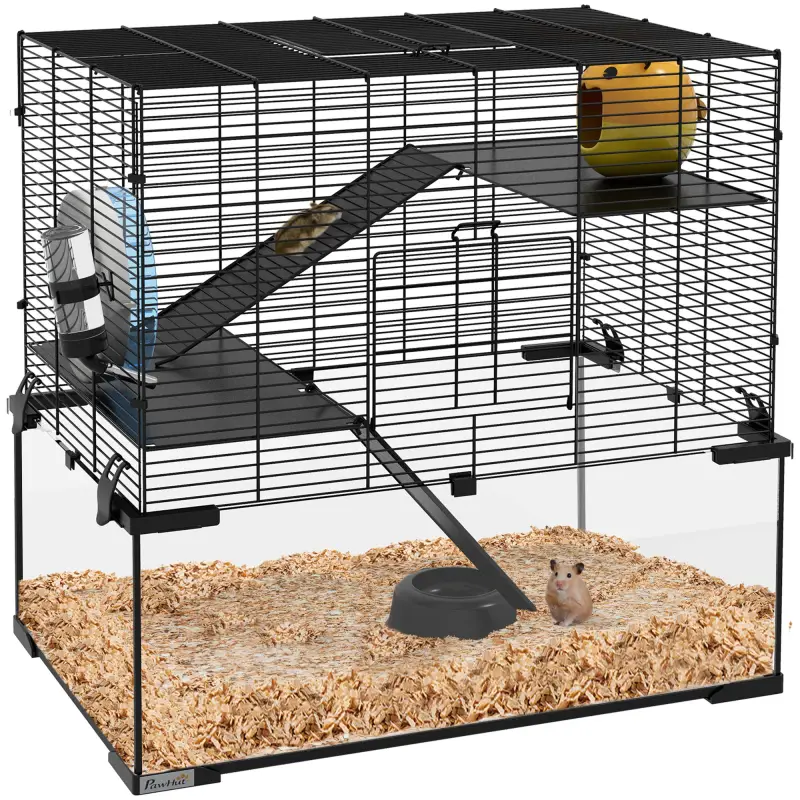 Jaula de Hámster con Fondo de Vidrio Plataformas Cuenco Bebedero Casita Rampas y Rueda de Ejercicio 60x40x54,5 cm Negro Jaula de Hámster con Fondo de Vidrio Plataformas Cuenco Bebedero Casita Rampas y Rueda de Ejercicio 60x40x54,5 cm Negro