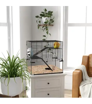 Jaula de Hámster con Fondo de Vidrio Plataformas Cuenco Bebedero Casita Rampas y Rueda de Ejercicio 60x40x54,5 cm Negro