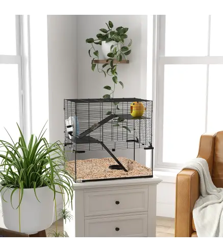 Jaula de Hámster con Fondo de Vidrio Plataformas Cuenco Bebedero Casita Rampas y Rueda de Ejercicio 60x40x54,5 cm Negro
