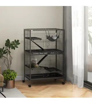 Jaula para Animales Pequeños con Ruedas Rampas Hamaca y Bandeja Extraíble para Chinchillas Hurones 80x52x128 cm Gris