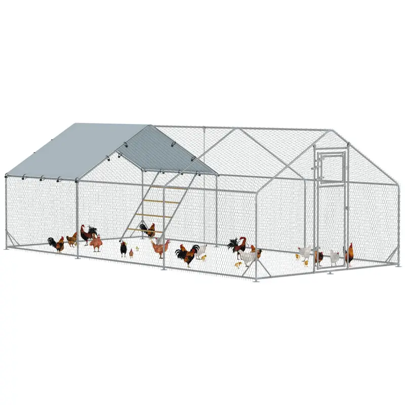 Gallinero Metálico de Exterior de 3x6m con Percha Multiusos Comedero Colgante Tipo Brocheta y Lona Protectora Resistente