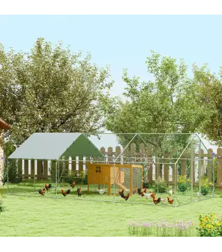 Gallinero Metálico de Exterior de 3x6m con Percha Multiusos Comedero Colgante Tipo Brocheta y Lona Protectora Resistente