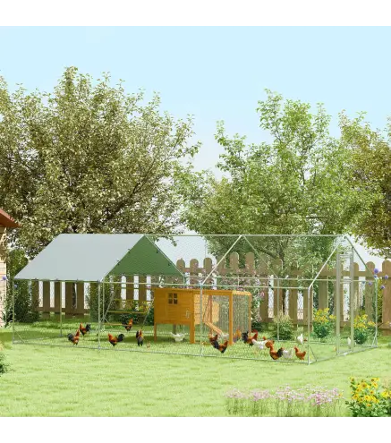 Gallinero Metálico de Exterior de 3x6m con Percha Multiusos Comedero Colgante Tipo Brocheta y Lona Protectora Resistente