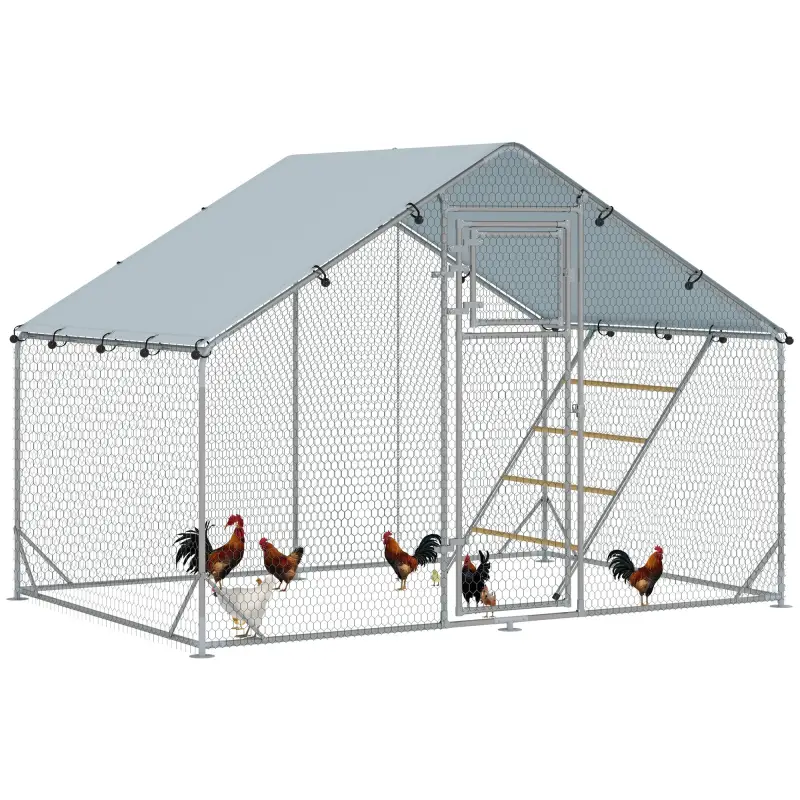 Gallinero Metálico de Exterior de 3x2m con Percha Multiusos Comedero Colgante Tipo Brocheta y Lona Protectora Resistente