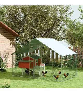 Gallinero Metálico de Exterior de 3x2m con Percha Multiusos Comedero Colgante Tipo Brocheta y Lona Protectora Resistente