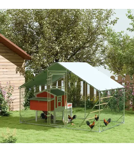 Gallinero Metálico de Exterior de 3x2m con Percha Multiusos Comedero Colgante Tipo Brocheta y Lona Protectora Resistente