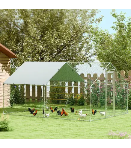 Gallinero Metálico de Exterior de 3x4m con Percha Multiusos Comedero Colgante Tipo Brocheta y Lona Protectora Resistente