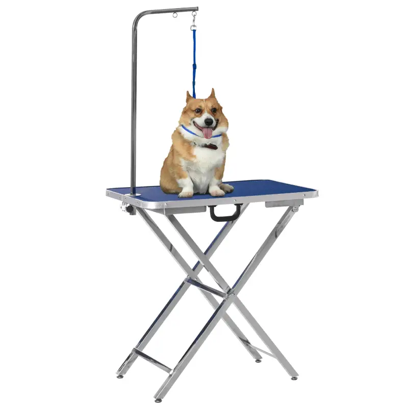Mesa de Peluquería para Mascotas con Encimera Antideslizante Patas Plegables Asa y Brazo 72x45x74-81 cm Azul