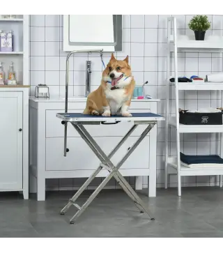 Mesa de Peluquería para Mascotas con Encimera Antideslizante Patas Plegables Asa y Brazo 72x45x74-81 cm Azul