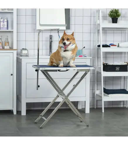 Mesa de Peluquería para Mascotas con Encimera Antideslizante Patas Plegables Asa y Brazo 72x45x74-81 cm Azul