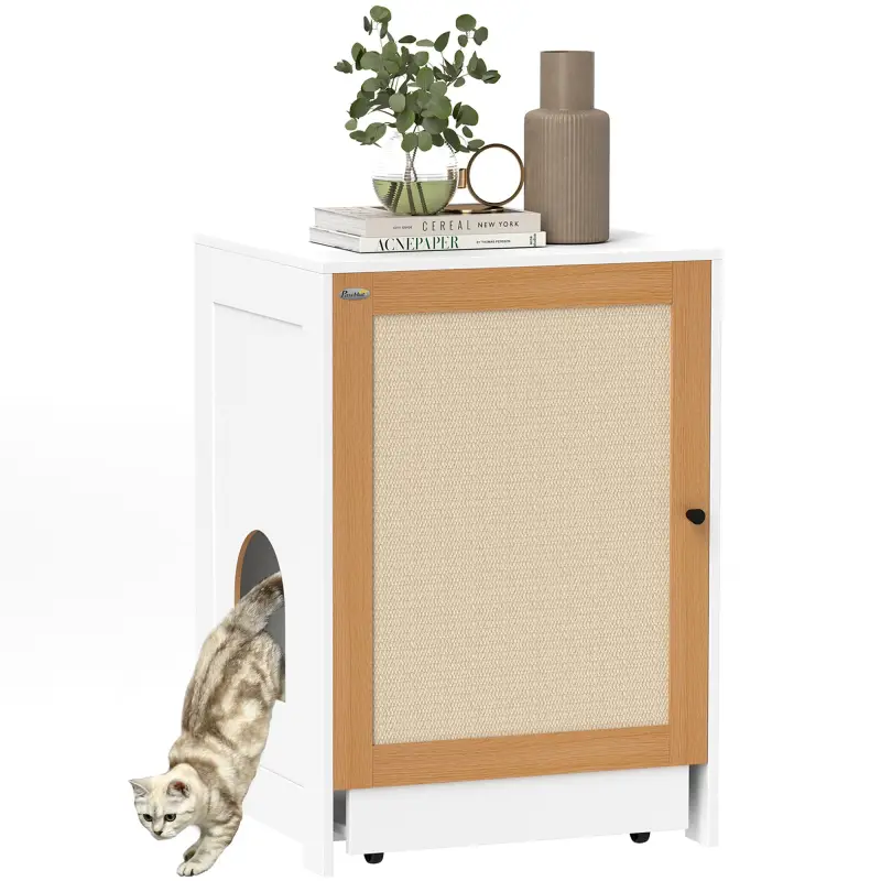 Mueble Arenero para Gatos con Bandeja Extraíble Compartimentos y Tapete para Rascar 57x50x80,5 cm Blanco y Roble