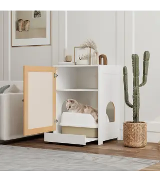 Mueble Arenero para Gatos con Bandeja Extraíble Compartimentos y Tapete para Rascar 57x50x80,5 cm Blanco y Roble