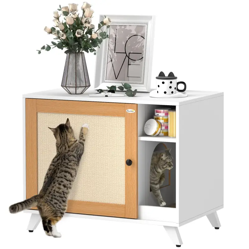 Mueble Arenero para Gatos con Puerta de Sisal Mesa Auxiliar Estante y Alfombrilla Antiarena 77x50x63 cm Blanco