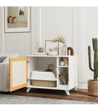 Mueble Arenero para Gatos con Puerta de Sisal Mesa Auxiliar Estante y Alfombrilla Antiarena 77x50x63 cm Blanco