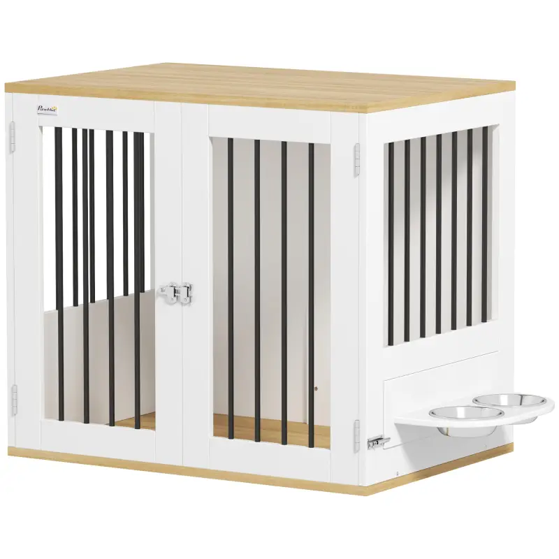 Jaula para Perros Medianos 2 en 1 con 2 Puertas con Puertas Comedero Giratorio de 360° y 2 Cuencos 80x55x71,5 cm Blanco