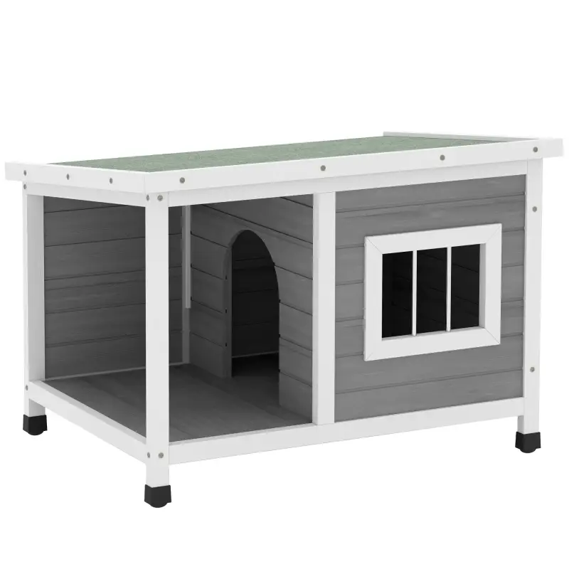 Casa para Perros de Madera 85,5x62x60 cm con Techo Asfáltico Abatible Puerta y Ventana para Perros Pequeños Gris
