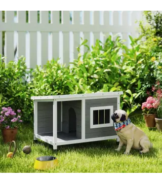 Casa para Perros de Madera 85,5x62x60 cm con Techo Asfáltico Abatible Puerta y Ventana para Perros Pequeños Gris