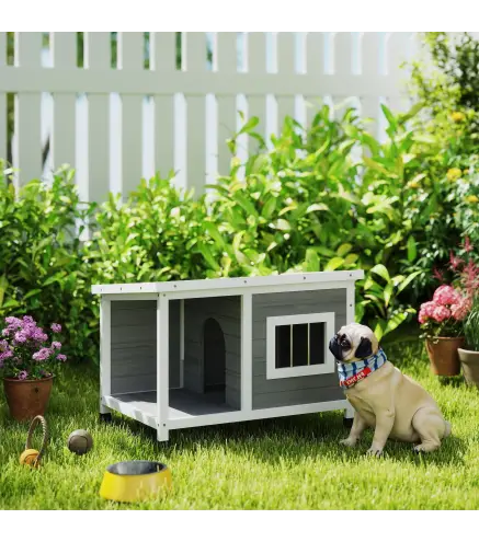 Casa para Perros de Madera 85,5x62x60 cm con Techo Asfáltico Abatible Puerta y Ventana para Perros Pequeños Gris