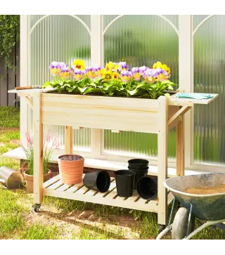 Jardinera Elevada con Ruedas Repisas Plegables y Estante 145x52x86 cm Sistema de Drenaje y Estructura de Madera Natural