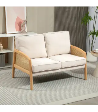 Sofá de 2 Plazas Tapizado en Chenilla con 2 Almohadas Lavables y Reposabrazos de Ratán Sintético 123x75x88 cm Beige