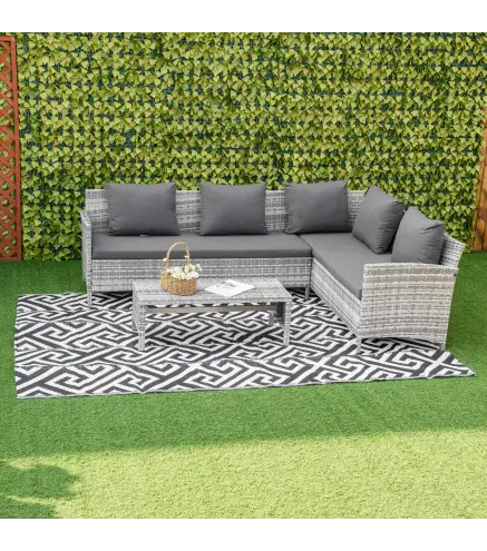 Alfombra de Exterior Reversible 182x274 cm con Patrón Geométrico Acabado Impermeable Blanco y Negro