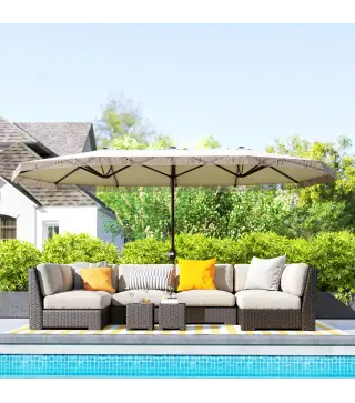 Sombrilla Doble 4,5x2,7 m Sombrilla Terraza Exterior con Manivela Manual Resistente al Agua y Protección UV30+ Crema