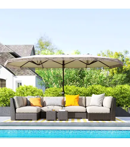 Sombrilla Doble 4,5x2,7 m Sombrilla Terraza Exterior con Manivela Manual Resistente al Agua y Protección UV30+ Crema