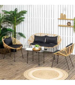 Conjunto de Muebles de Jardín 4 Piezas con Sofá Sillones y Mesa de Centro Resina Trenzada PE y Cojines