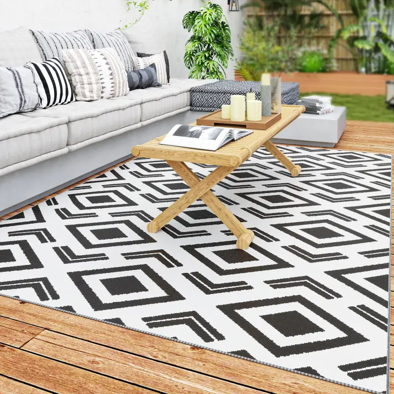 Alfombra de Exterior Reversible 182x274 cm con Patrón Geométrico Impermeable con Bolsa Blanco y Negro Alfombra de Exterior Reversible 182x274 cm con Patrón Geométrico Impermeable con Bolsa Blanco y Negro