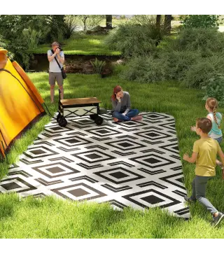 Alfombra de Exterior Reversible 182x274 cm con Patrón Geométrico Impermeable con Bolsa Blanco y Negro