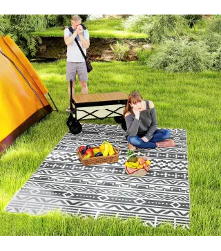 Alfombra de Exterior Reversible 182x274 cm con Patrón Geométrico de Cenefa Impermeable con Bolsa Gris y Blanco