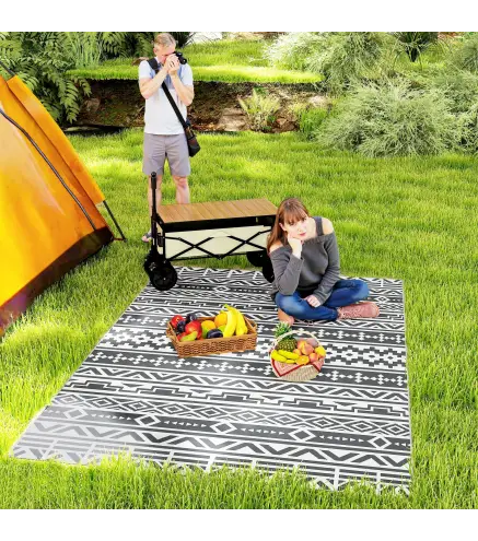 Alfombra de Exterior Reversible 182x274 cm con Patrón Geométrico de Cenefa Impermeable con Bolsa Gris y Blanco