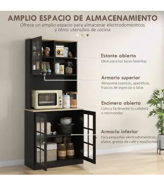 Alacena de Cocina con Estantes y Puertas de Vidrio para Pequeños Electrodomésticos 80x37x183 cm Negro