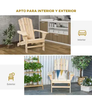 Silla de Jardín Adirondack Asiento Extra Ancho Carga 150 kg para Patio Terraza Balcón 78x89x88 cm Natural