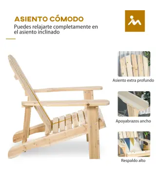 Silla de Jardín Adirondack Asiento Extra Ancho Carga 150 kg para Patio Terraza Balcón 78x89x88 cm Natural