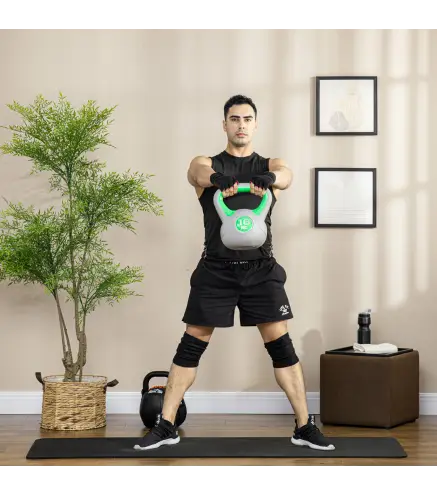 Pesa Rusa 16 kg Kettlebell Revestimiento de PU y Relleno de Arena para Entrenamiento de Fuerza 27x17x31 cm Verde y Gris