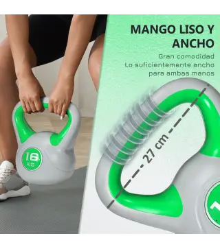 Pesa Rusa 16 kg Kettlebell Revestimiento de PU y Relleno de Arena para Entrenamiento de Fuerza 27x17x31 cm Verde y Gris