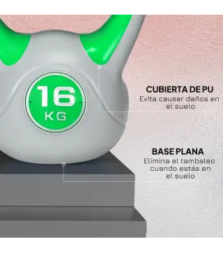 Pesa Rusa 16 kg Kettlebell Revestimiento de PU y Relleno de Arena para Entrenamiento de Fuerza 27x17x31 cm Verde y Gris