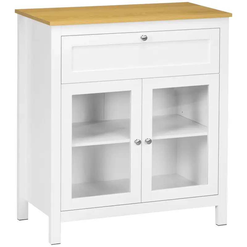 Aparador de Cocina Moderno Mueble Buffet Auxiliar con Cajón Estante Ajustable y 2 Puertas de Vidrio 80x40x90 cm Blanco