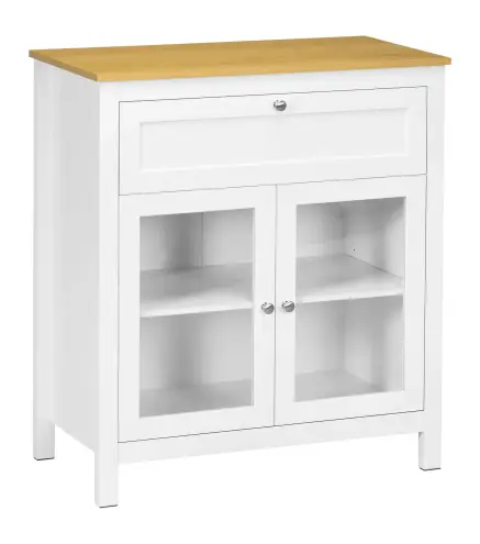 Aparador de Cocina Moderno Mueble Buffet Auxiliar con Cajón Estante Ajustable y 2 Puertas de Vidrio 80x40x90 cm Blanco
