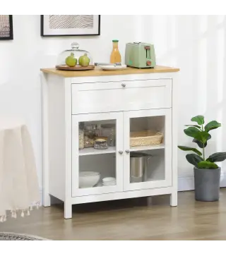 Aparador de Cocina Moderno Mueble Buffet Auxiliar con Cajón Estante Ajustable y 2 Puertas de Vidrio 80x40x90 cm Blanco