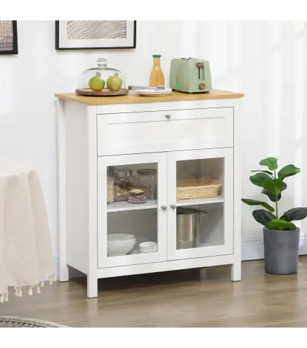Aparador de Cocina Moderno Mueble Buffet Auxiliar con Cajón Estante Ajustable y 2 Puertas de Vidrio 80x40x90 cm Blanco