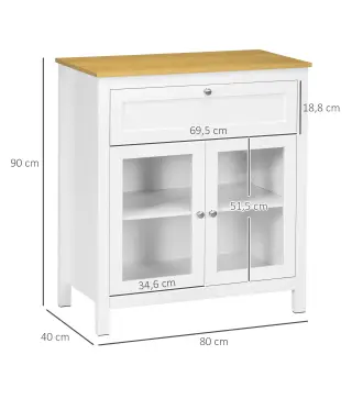 Aparador de Cocina Moderno Mueble Buffet Auxiliar con Cajón Estante Ajustable y 2 Puertas de Vidrio 80x40x90 cm Blanco