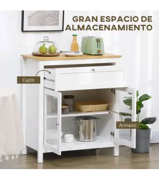 Aparador de Cocina Moderno Mueble Buffet Auxiliar con Cajón Estante Ajustable y 2 Puertas de Vidrio 80x40x90 cm Blanco