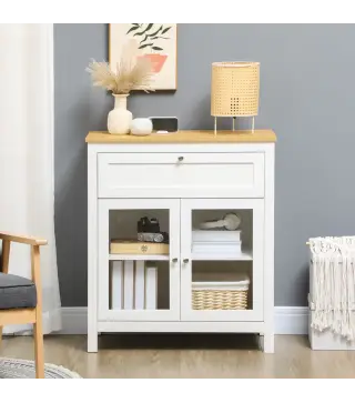 Aparador de Cocina Moderno Mueble Buffet Auxiliar con Cajón Estante Ajustable y 2 Puertas de Vidrio 80x40x90 cm Blanco