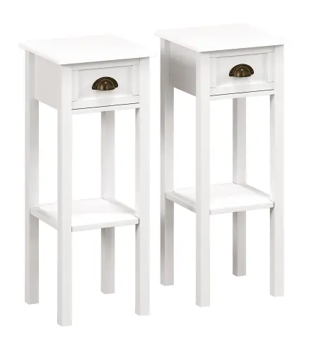 Juego de 2 Mesas Auxiliares Mesitas de Noche con Cajón y Estante de Almacenamiento para Dormitorio 30x30x75 cm Blanco