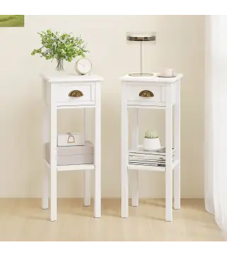 Juego de 2 Mesas Auxiliares Mesitas de Noche con Cajón y Estante de Almacenamiento para Dormitorio 30x30x75 cm Blanco