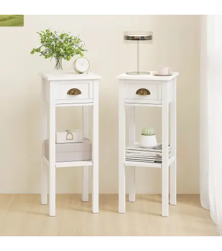Juego de 2 Mesas Auxiliares Mesitas de Noche con Cajón y Estante de Almacenamiento para Dormitorio 30x30x75 cm Blanco